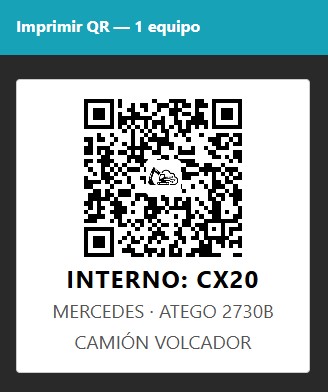 Imprimí el QR de cada equipo directamente desde el sistema y pegalo en la máquina.